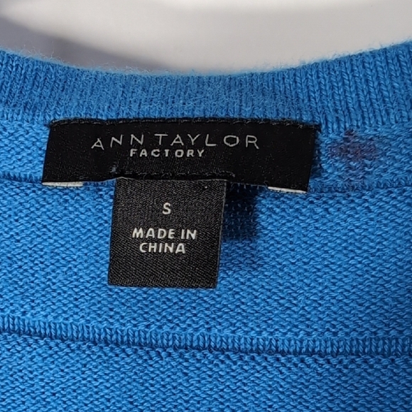 Ann Taylor Factory | Blue Crew Neck Full Zip Ribbed Knit Cotton Sweater Size S - Picture 7 of 9